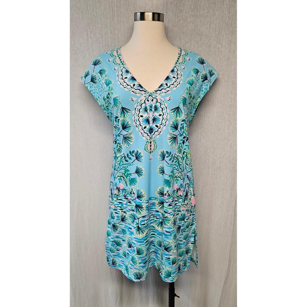 Lilly Pulitzer Women's V Neck Blue Mosiac Shells Cover Up Mini Dress Size XXS